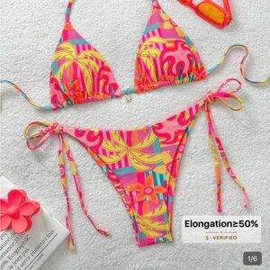 SHEIN Pink Yellow Multi Tropical Print Tie-Side Bikini